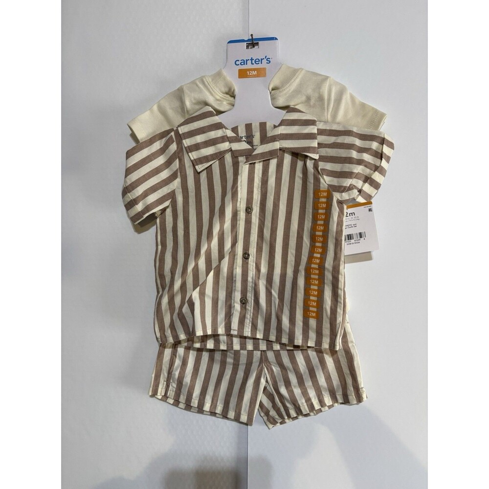 Carter's 12M Outfit Set Boys 3 piece Beige Stripe Beach Shorts NWT Shower Gift